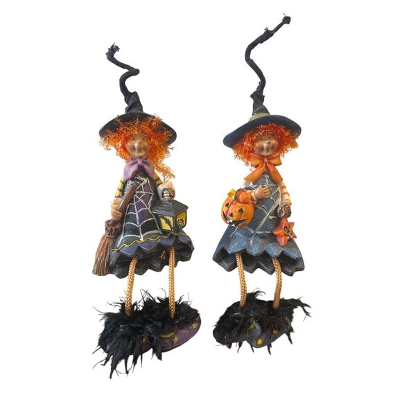 Set Of 2 Halloween Witch Figurines Broomsticks Lanterns Dangle Legs - Picture 1 of 6